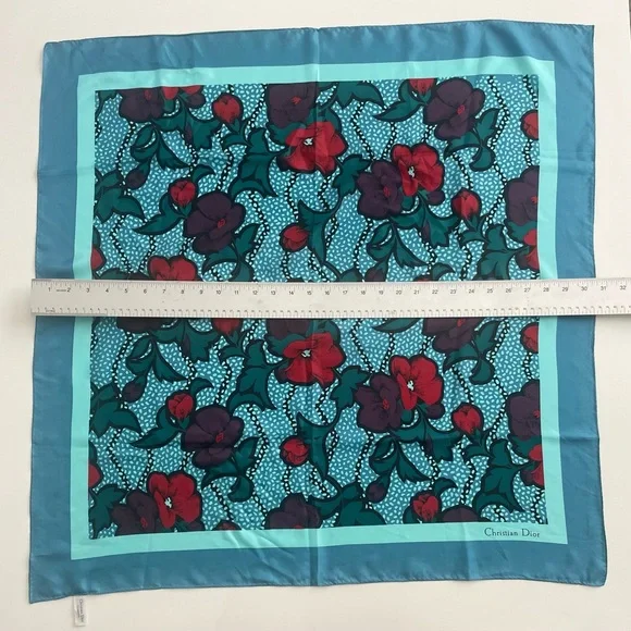Dior Vintage Silk Scarf with Red and Blue Floral Design